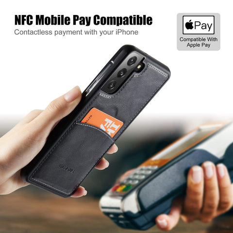 MOHEYO Compatible with Samsung Galaxy S21 Plus Back Wallet Card Holder Slot Case with Side Grip PU Leather Slim Thin Cover